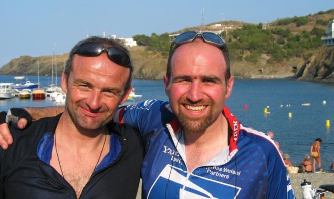 Richard Mayon-White, left, and cycling friend Richard Groome.  Richard is planning a Transatlantic crossing in a Mini Transat to raise money for cancer research ©  SW